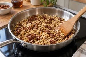 Haferflocken und Pekannüsse werden in einer Pfanne mit wenig Ahornsirup überzogen