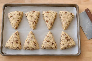 Acht ungebackene dreieckige Hafer-Pekan-Scones mit Abstand auf Backpapier