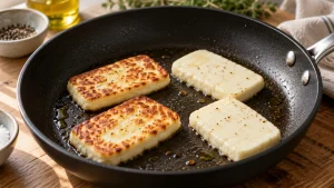 Halloumischeiben mit goldbraunen Flächen braten mit Abstand in einer Pfanne