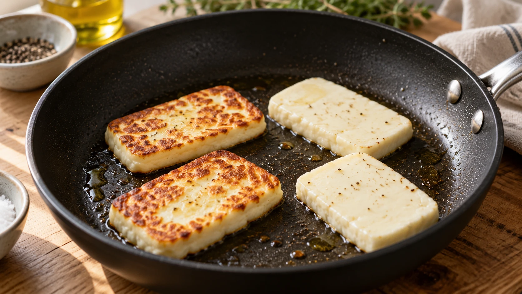 Halloumischeiben mit goldbraunen Flächen braten mit Abstand in einer Pfanne