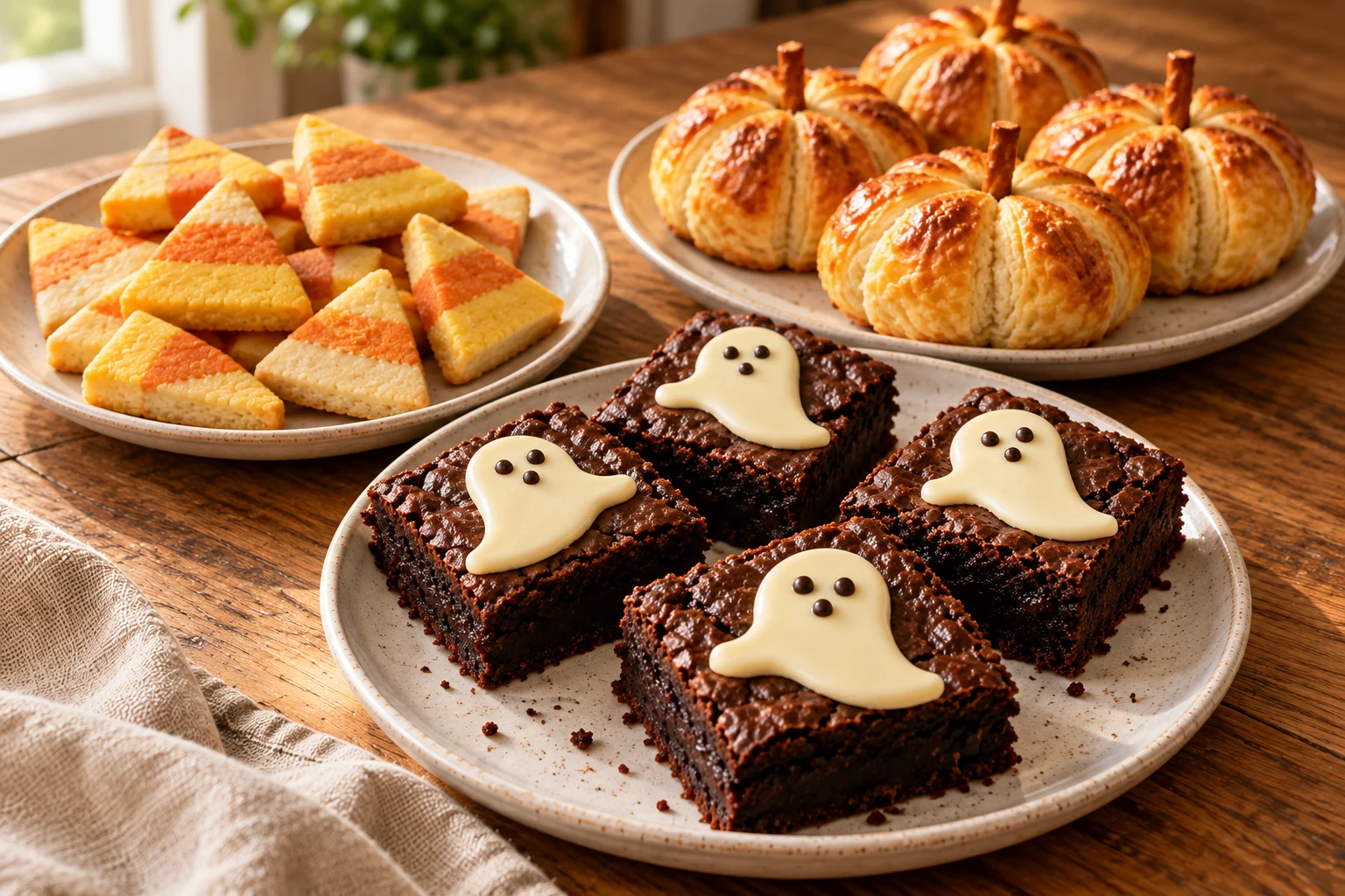Halloween-Buffet mit Geister-Brownies, dreifarbigen Keksen und Blätterteig-Kürbissen
