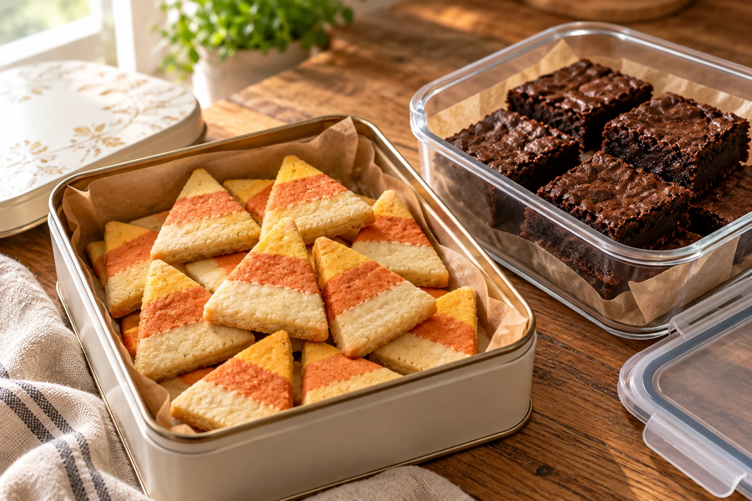 Dreifarbige Kekse und ungeschmückte Brownies werden getrennt aufbewahrt