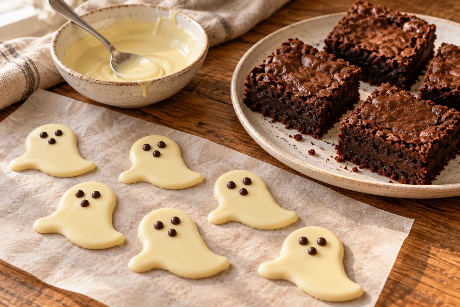 Weiße Schokoladengeister liegen auf Backpapier neben abgekühlten Brownies