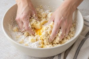 Mürbeteig wird aus Mehl, Butter, Puderzucker und Eigelb kurz zusammengeknetet