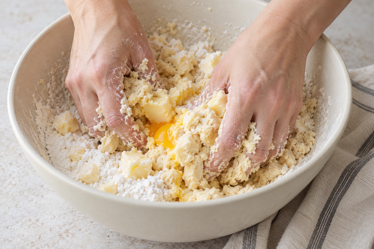 Mürbeteig wird aus Mehl, Butter, Puderzucker und Eigelb kurz zusammengeknetet