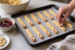 Eine Mandel wird auf einen kleinen Konfitüretupfen am Ende eines rohen Teigfingers gesetzt