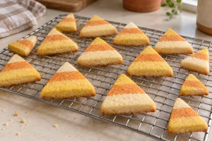 Gebackene dreifarbige Shortbread-Dreiecke mit leicht goldenen Unterkanten auf einem Kuchengitter