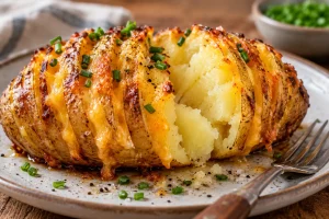 Aufgeschnittene Hasselback-Kartoffel mit weicher Mitte und geschmolzenem Käse zwischen knusprigen Scheiben