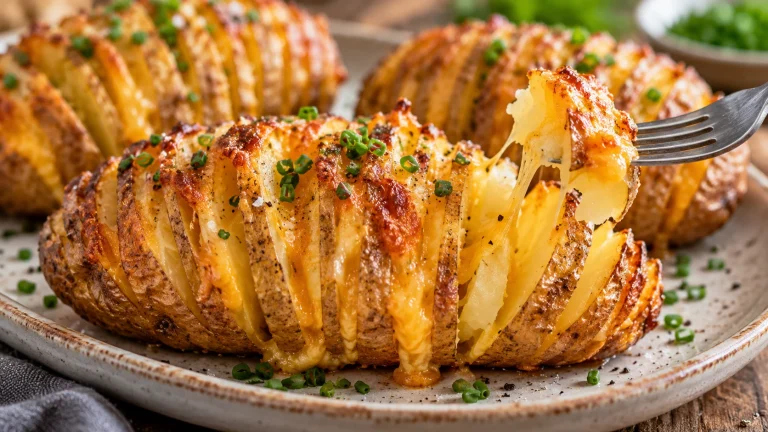Goldbraune Hasselback-Kartoffel mit geschmolzenem Käse zwischen dünnen Fächern