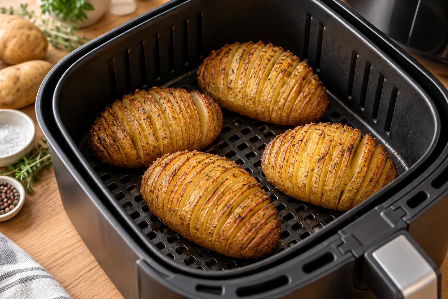 Teilweise gegarte Fächerkartoffeln mit geöffneten goldenen Kanten im Airfryer vor der Käsezugabe
