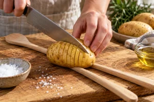 Rohe Kartoffel zwischen zwei Holzlöffelstielen wird quer in dünne Fächer geschnitten