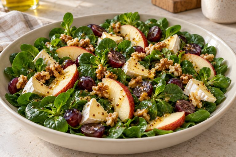 Herbstsalat aus Feldsalat, Apfel, Trauben, Camembert und Walnüssen