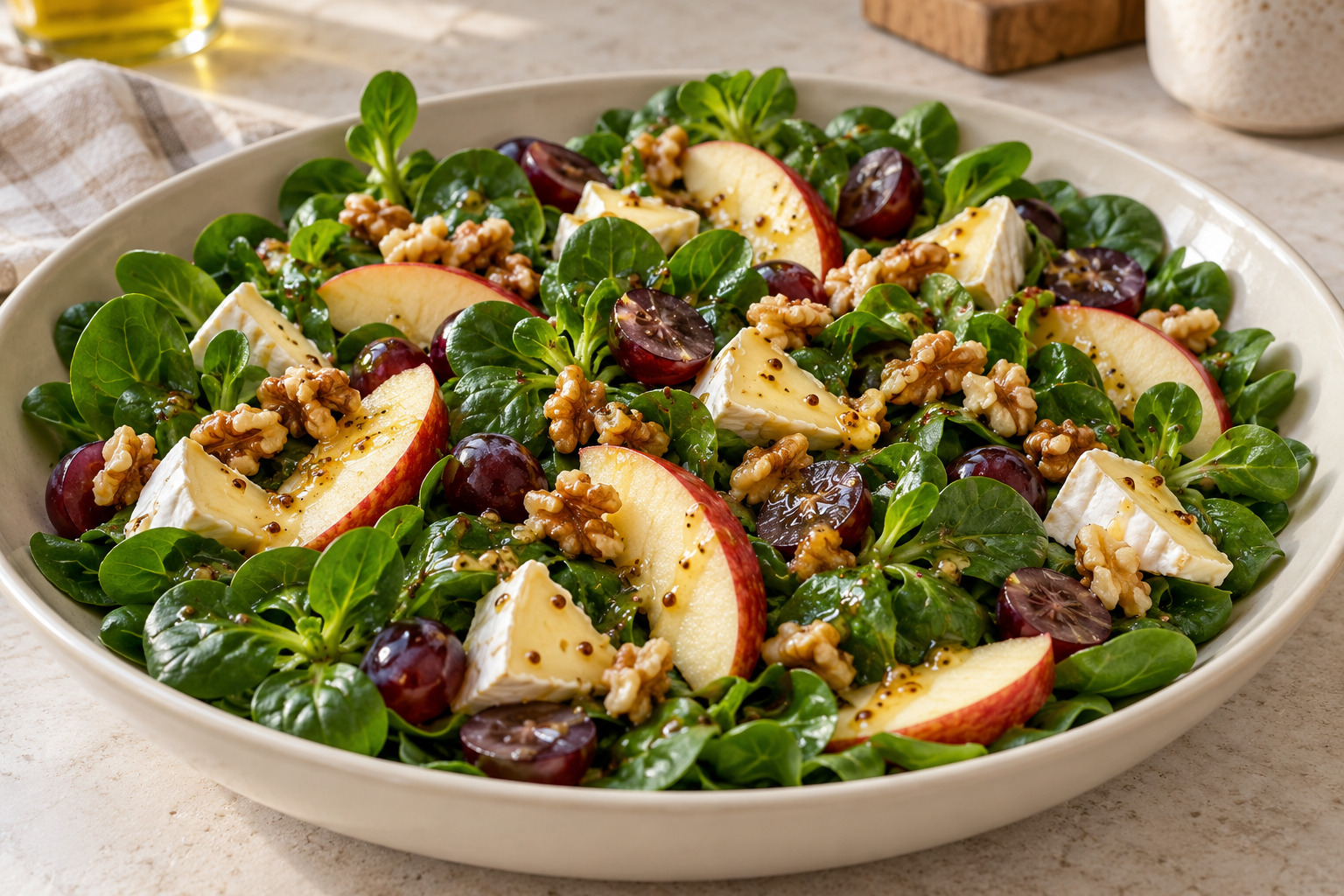 Herbstsalat aus Feldsalat, Apfel, Trauben, Camembert und Walnüssen