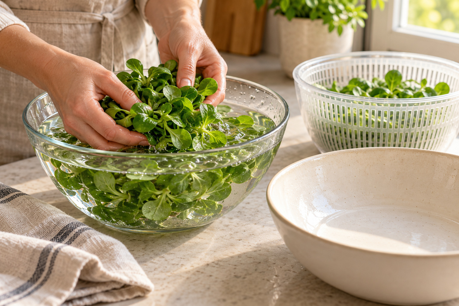 Feldsalat wird sorgfältig gewaschen und verlesen