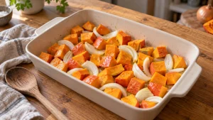 Hokkaidowürfel mit Schale und Zwiebelspalten liegen vor dem Rösten in einer flachen Auflaufform