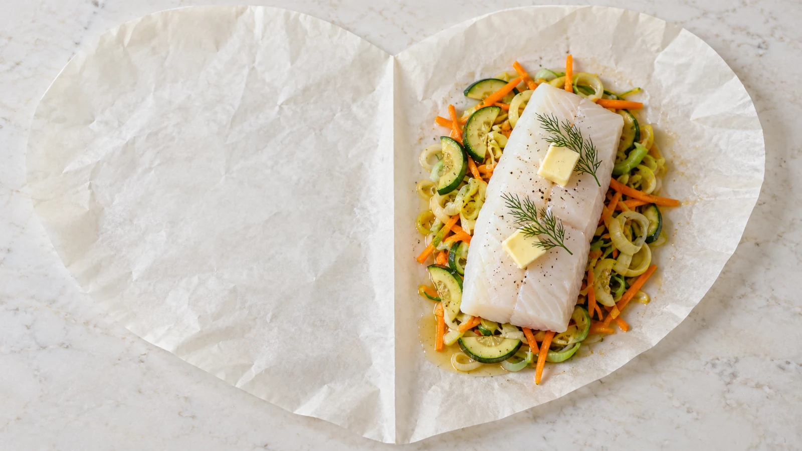 Rohes Kabeljaufilet mit Butter und Dill auf Gemüse auf einer Hälfte eines Backpapierherzens