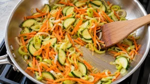 Feine Möhrenstifte, Zucchini-Halbmonde und Lauchringe werden in einer Pfanne angedünstet