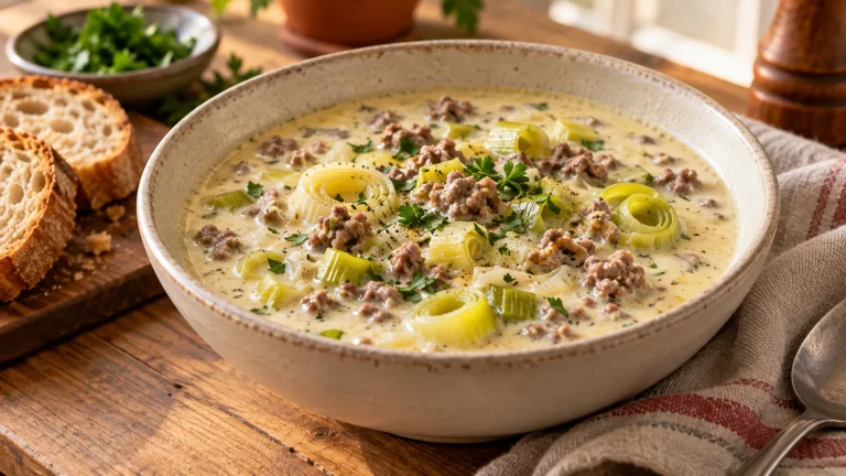 Cremige Käse-Lauch-Suppe mit Hackfleisch und sichtbaren Lauchringen