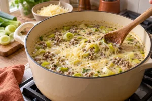 Geriebener Gouda wird bei niedriger Hitze in Käse-Lauch-Suppe eingerührt