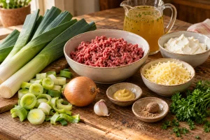 Lauch, Rinderhackfleisch, Brühe, Frischkäse und Gouda für Käse-Lauch-Suppe