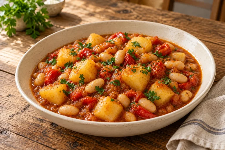Kartoffel-Bohnen-Gulasch mit weißen Bohnen und roter Paprika im tiefen Teller