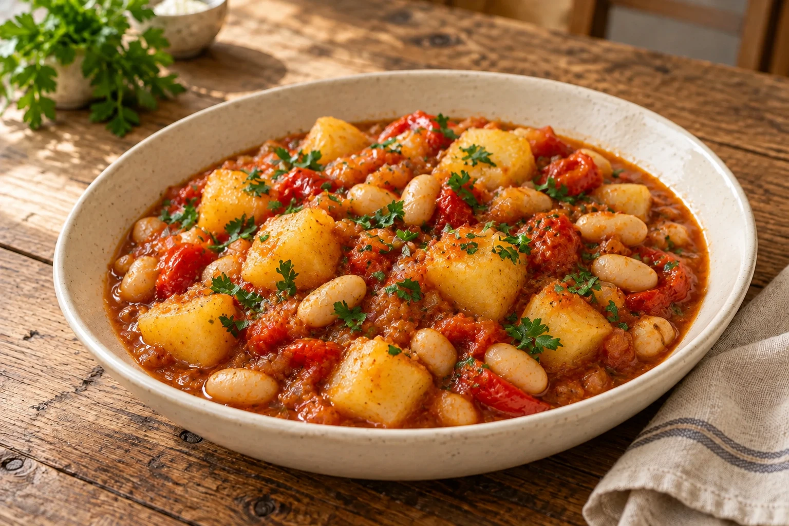 Kartoffel-Bohnen-Gulasch mit weißen Bohnen und roter Paprika im tiefen Teller