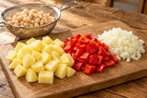 Gewürfelte Kartoffeln und rote Paprika neben abgetropften weißen Bohnen