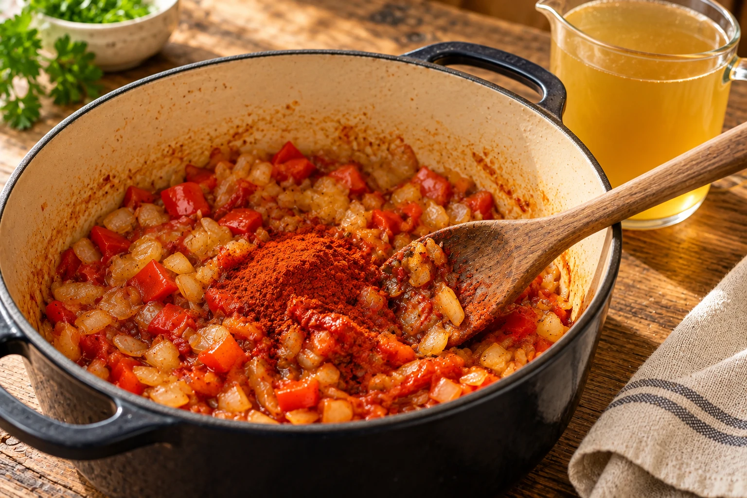 Paprikapulver und Tomatenmark auf weich gebratenen Zwiebeln im Topf