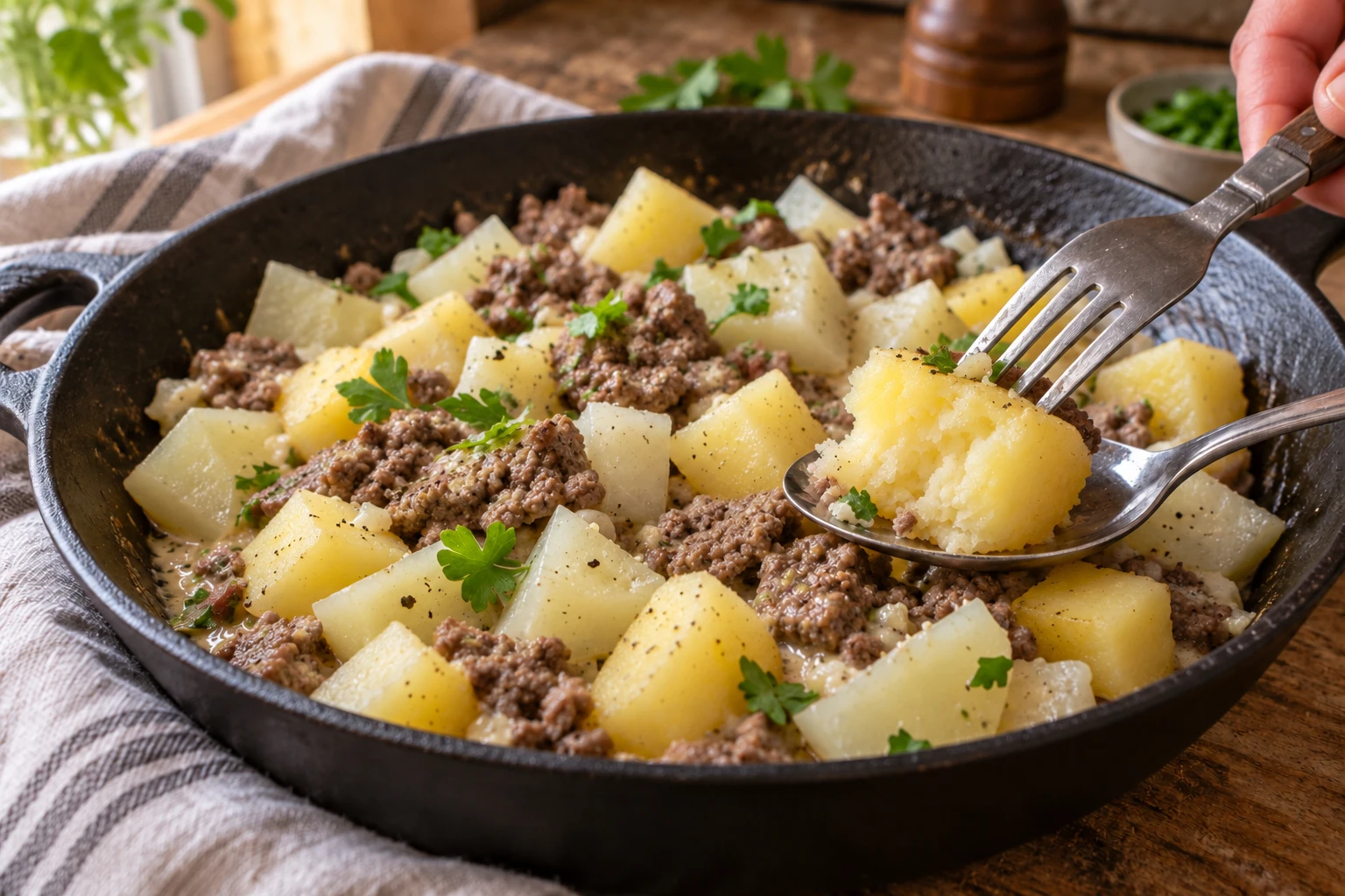Eine Gabel prüft einen gegarten Kartoffelwürfel über der Kohlrabi-Hack-Pfanne
