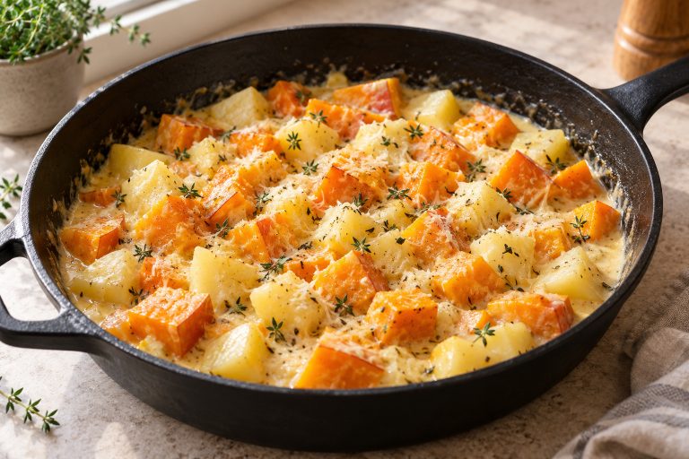 Cremige Kartoffel-Kürbis-Pfanne mit Parmesan