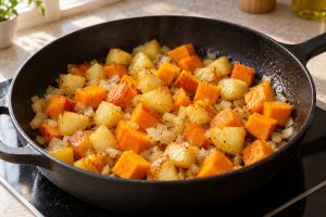 Kartoffeln und Kürbis werden vor dem Ablöschen angebraten
