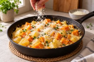 Parmesan wird in die fertig gegarte Kartoffel-Kürbis-Pfanne gerührt