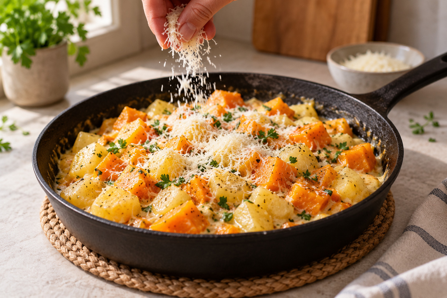 Parmesan wird in die fertig gegarte Kartoffel-Kürbis-Pfanne gerührt