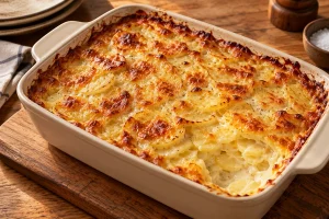 Goldbraunes Kartoffelgratin mit Bergkäse in einer keramischen Auflaufform