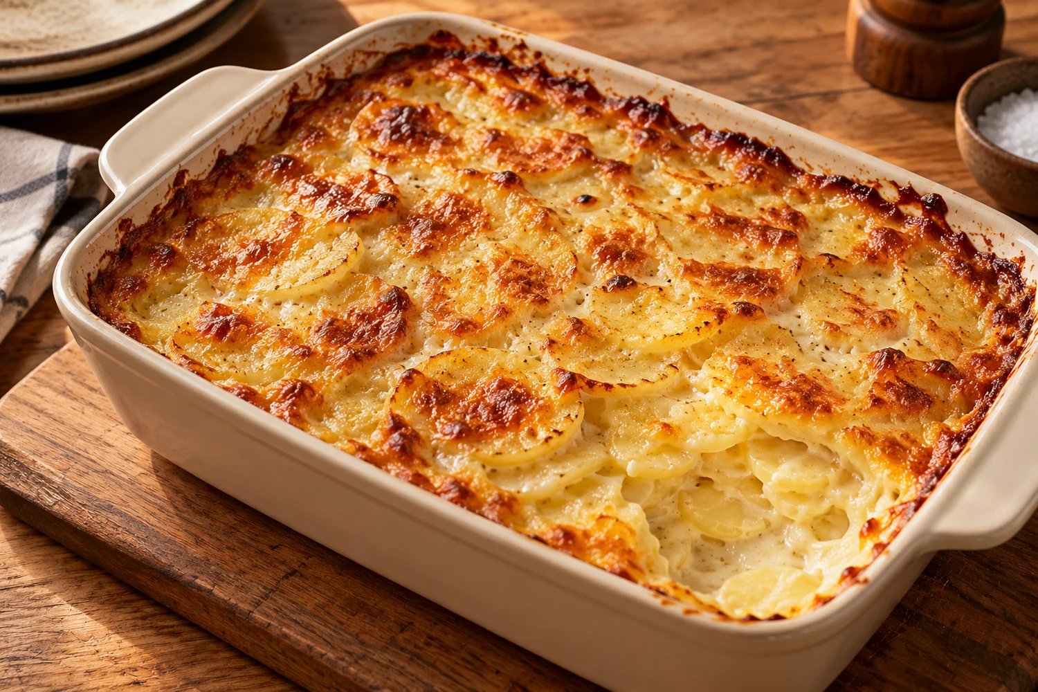Goldbraunes Kartoffelgratin mit Bergkäse in einer keramischen Auflaufform