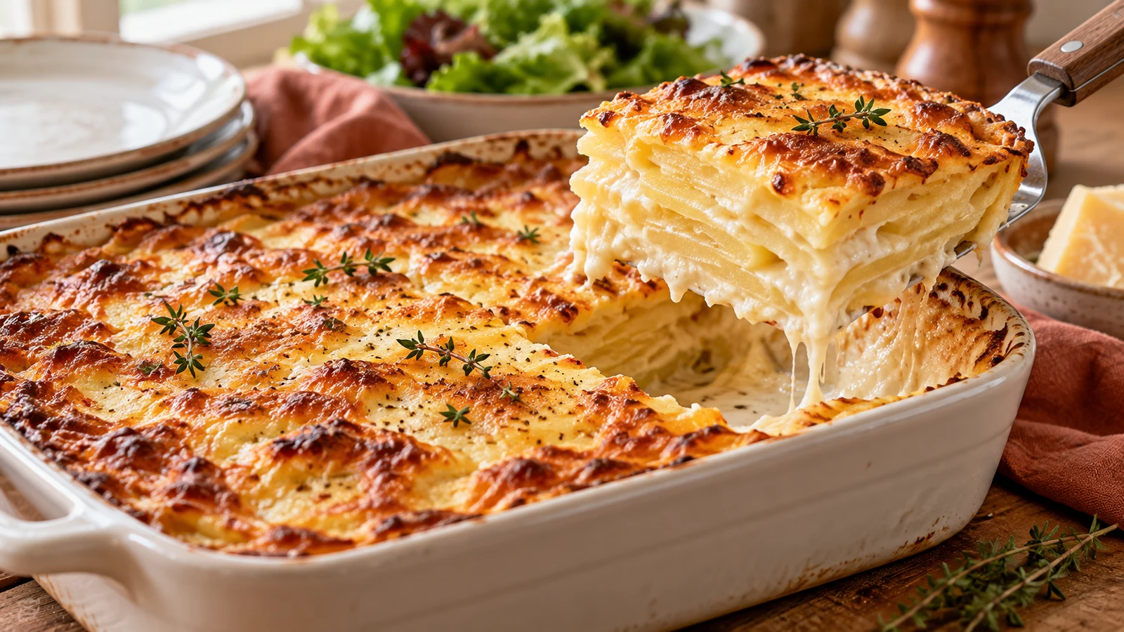 Cremiges Kartoffelgratin mit Bergkäse, aus dem eine Portion angehoben wird