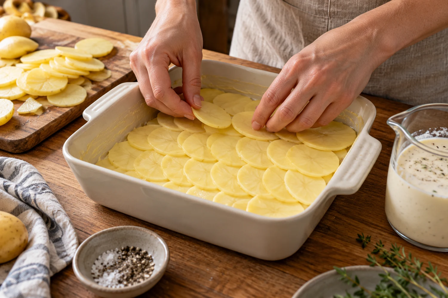 Kartoffelscheiben werden flach in eine gebutterte Auflaufform geschichtet