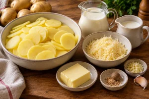 Dünne Kartoffelscheiben, Sahne, Milch, Bergkäse, Butter und Knoblauch