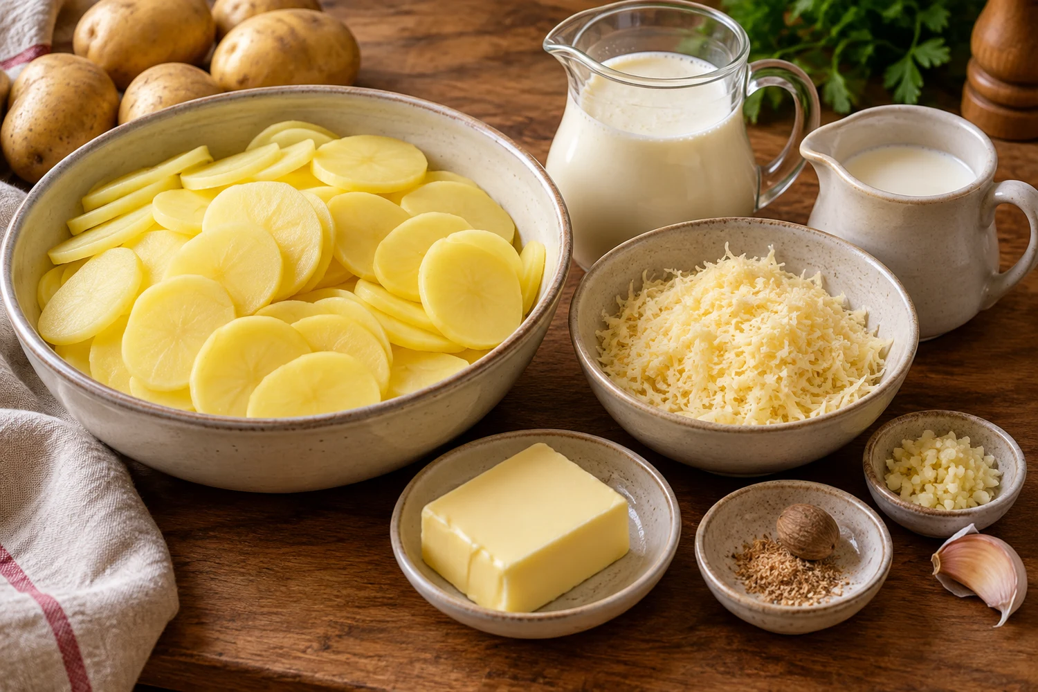Dünne Kartoffelscheiben, Sahne, Milch, Bergkäse, Butter und Knoblauch