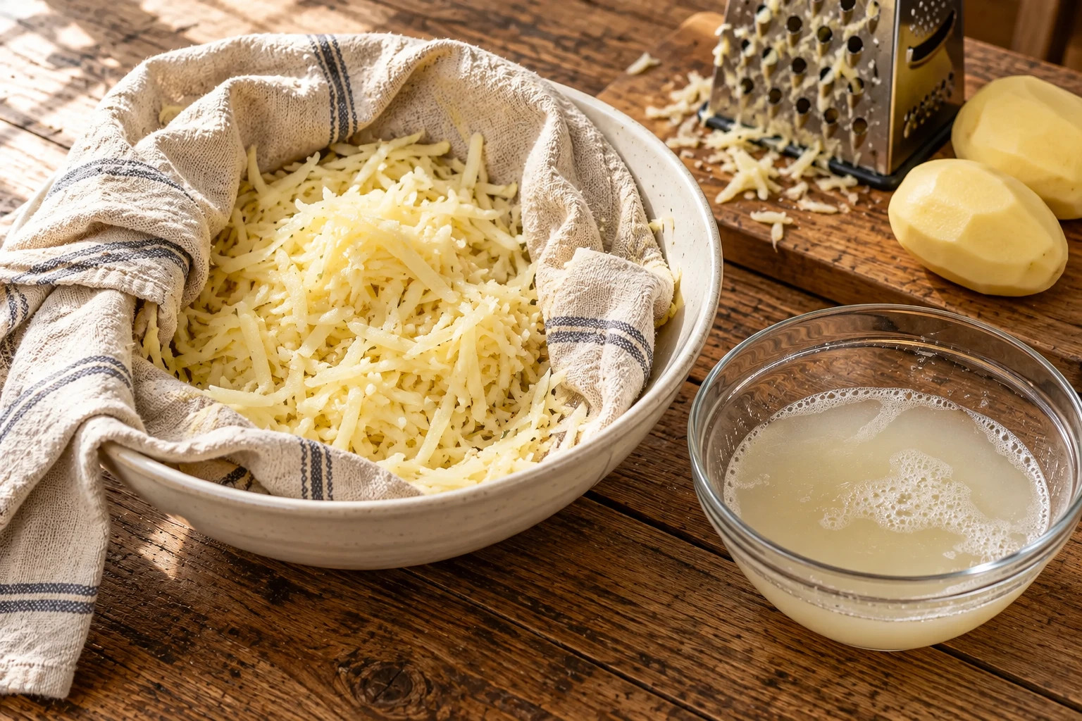 Ausgedrückte Kartoffelraspel im Küchentuch neben einer Schüssel Kartoffelwasser