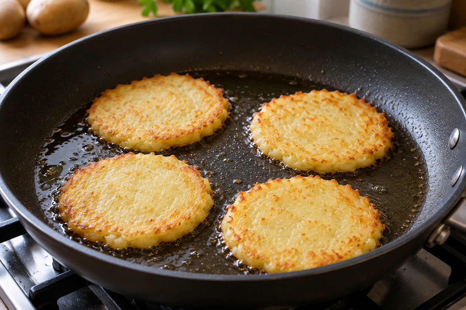 Vier flach gedrückte Kartoffelpuffer braten mit Abstand in einer Pfanne.