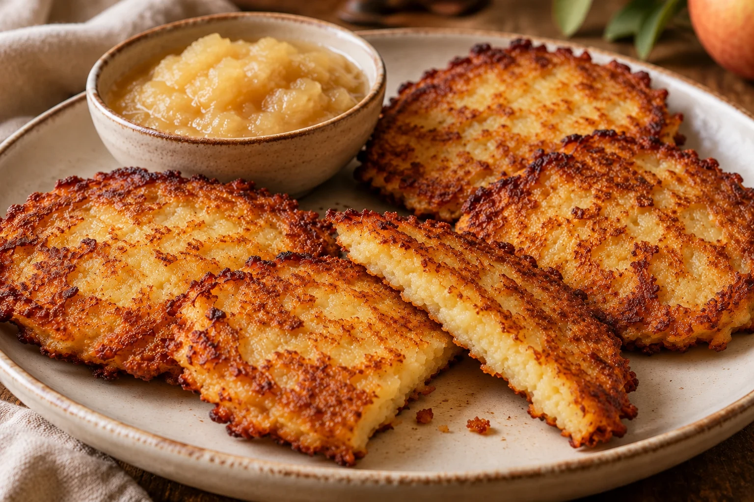 Goldbraune Kartoffelpuffer aus Kloßteig mit Apfelmus in einer kleinen Schale.