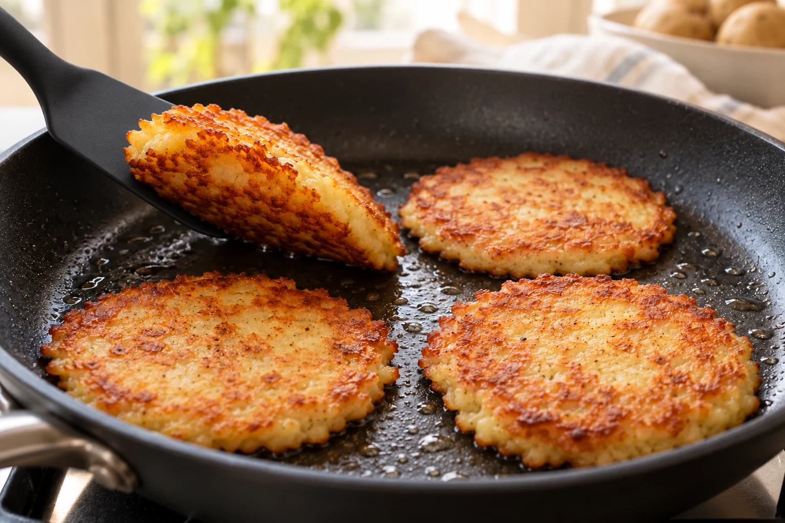 Ein Kartoffelpuffer wird nach dem Bräunen der Unterseite gewendet.