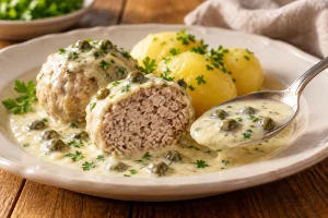 Aufgeschnittener gegarter Klops und ein Löffel cremige Kapernsauce