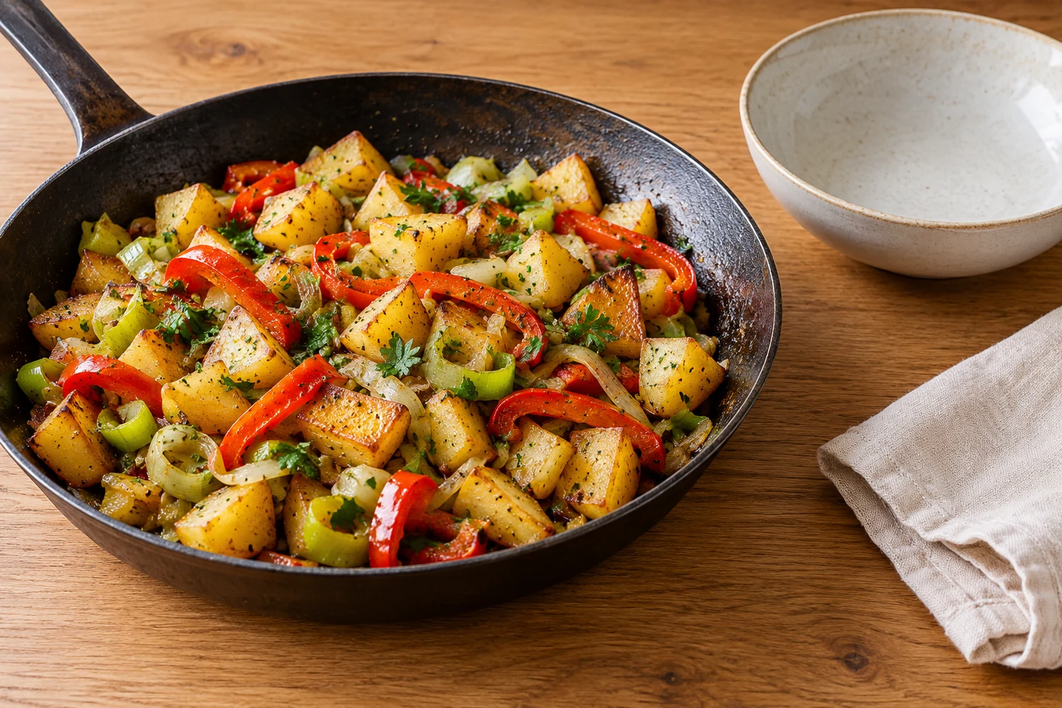 Goldbraune Kartoffelwürfel mit Paprika, Lauch und Petersilie in einer dunklen Pfanne