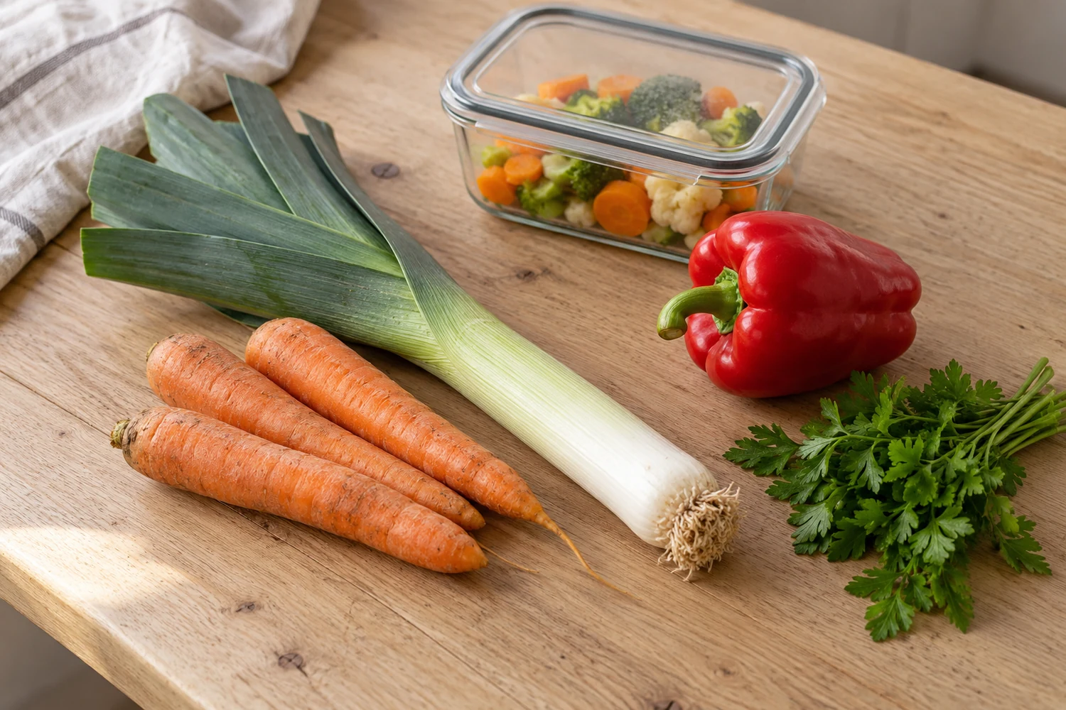 Möhren, Lauch, rote Paprika und Petersilie neben einer geschlossenen Glasdose mit gegartem Gemüse