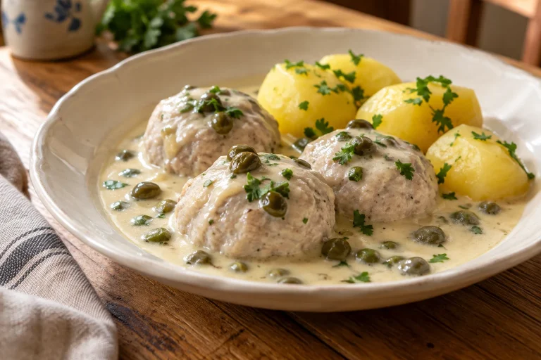 Drei Königsberger Klopse mit heller Kapernsauce und Salzkartoffeln