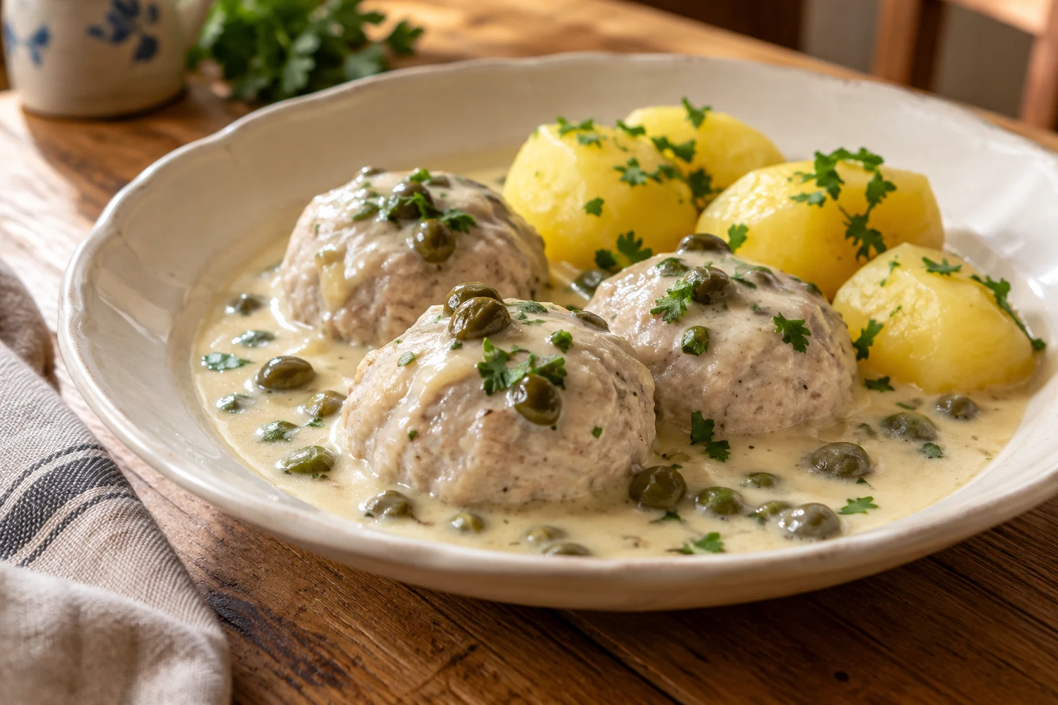 Königsberger Klopse in heller Kapernsoße mit Salzkartoffeln
