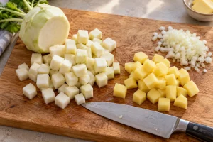 Kohlrabiwürfel, Kartoffelwürfel und gehackte Zwiebel auf einem Holzbrett