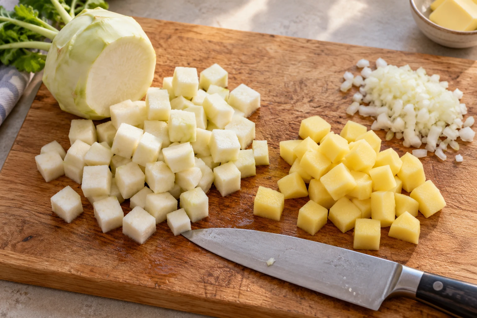 Kohlrabiwürfel, Kartoffelwürfel und gehackte Zwiebel auf einem Holzbrett